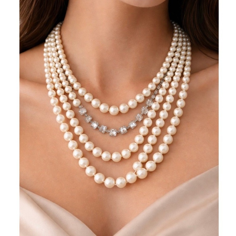 Monet Multi Strand Faux Pearl Rhinestone Necklace Silver Tone Toggle Clasp 19in